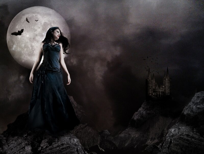 Woman in Black Dress — Dramatic, Night, Digital Art, Moon, Castle, Bats