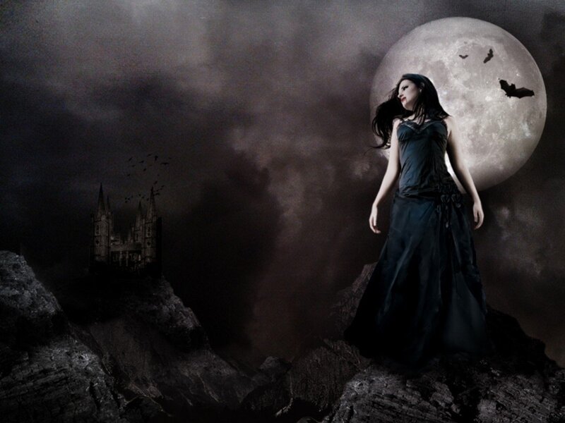 Woman in Black Dress — Dramatic, Night, Digital Art, Moon, Castle