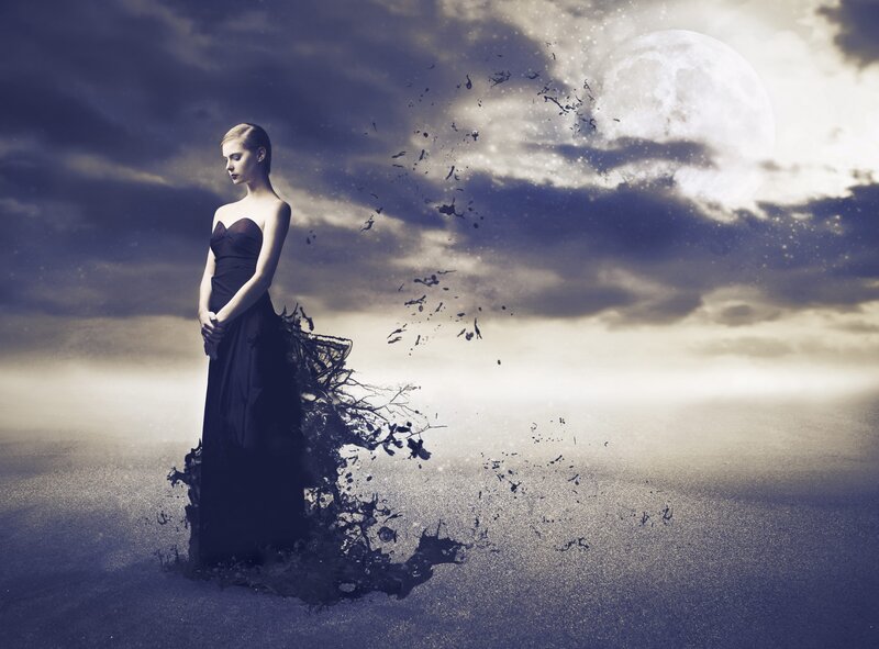 Woman in Black Dress — Dramatic, Night, Digital Art, Moon, Clouds, Dust