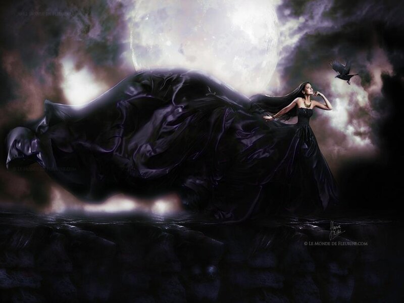 Woman in Black Dress — Dramatic, Night, Digital Art, Moon, Crow