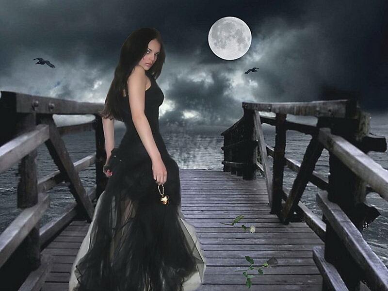 Woman in Black Dress — Dramatic, Night, Digital Art, Moon, Crows, Rose