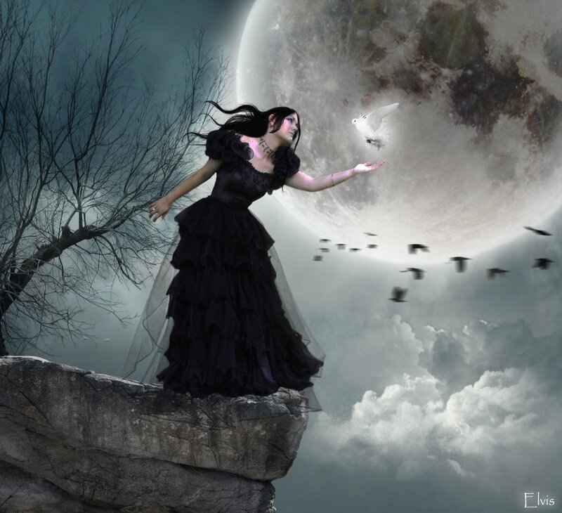 Woman in Black Dress — Dramatic, Night, Digital Art, Moon, Dove