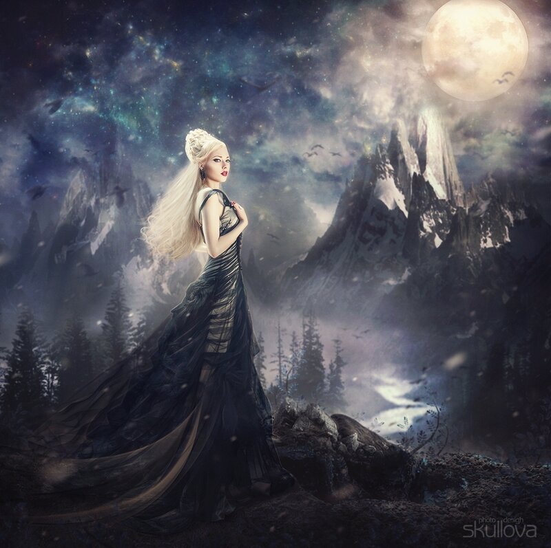Woman in Black Dress — Dramatic, Night, Digital Art, Moon, Mountains