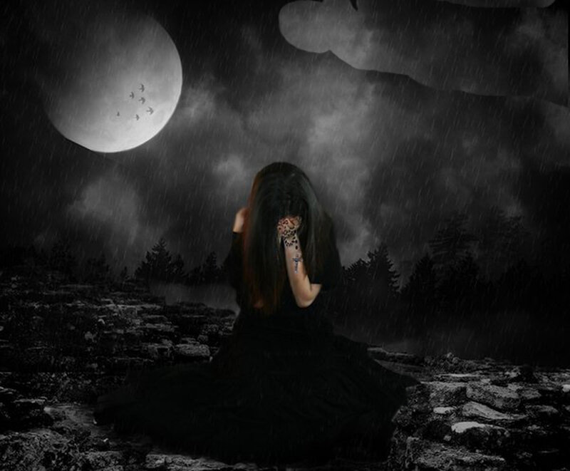 Woman in Black Dress — Dramatic, Night, Digital Art, Moon, Rain