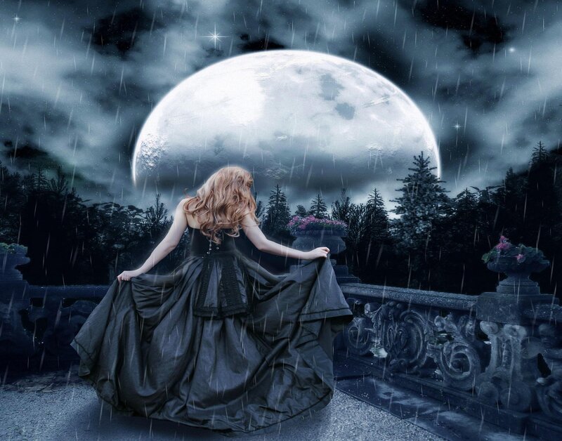Woman in Black Dress — Dramatic, Night, Digital Art, Moon, Rain, Trees