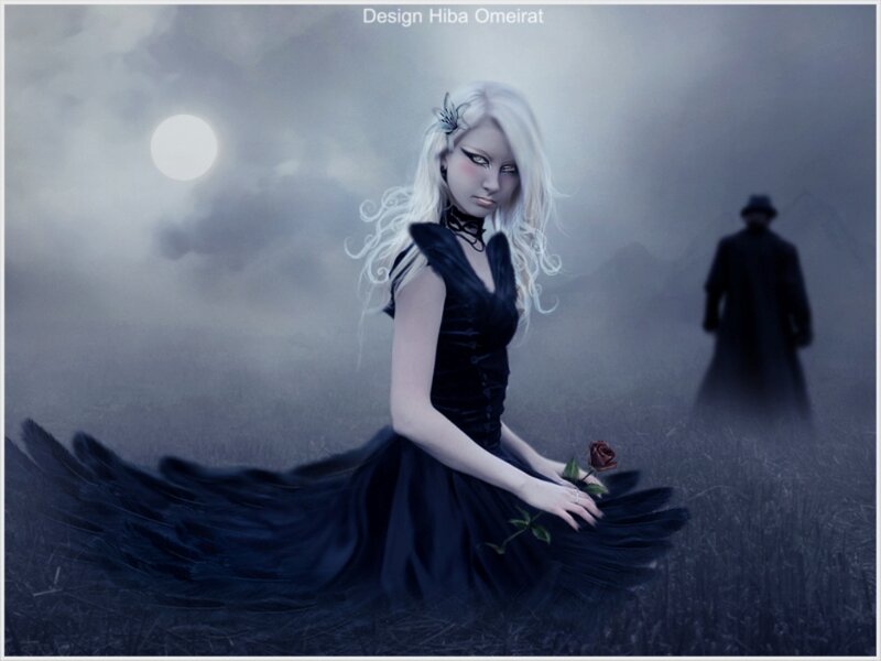Woman in Black Dress — Dramatic, Night, Digital Art, Moon, Rose