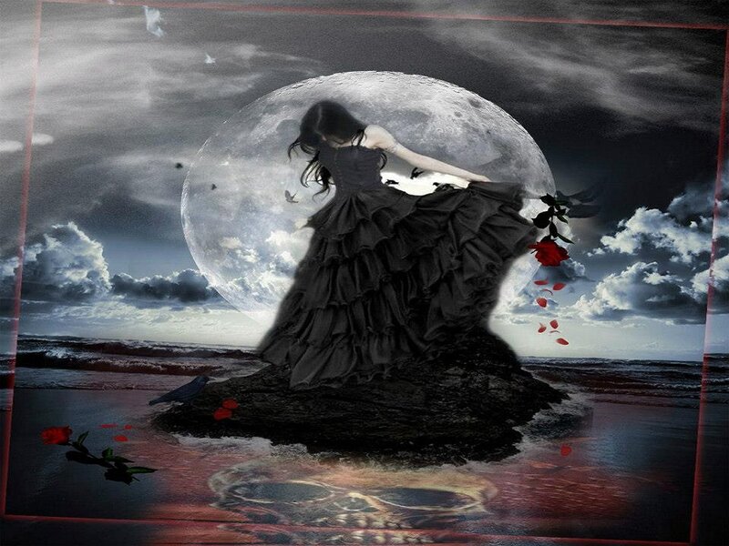Woman in Black Dress — Dramatic, Night, Digital Art, Moon, Skull