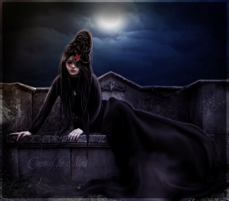 Woman in Black Dress — Dramatic, Night, Digital Art, Moon, Stone Wall