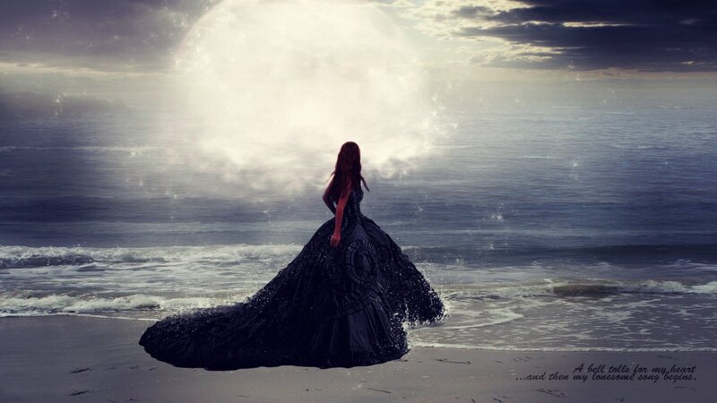 Woman in Black Dress — Dramatic, Night, Digital Art, Ocean, Moon