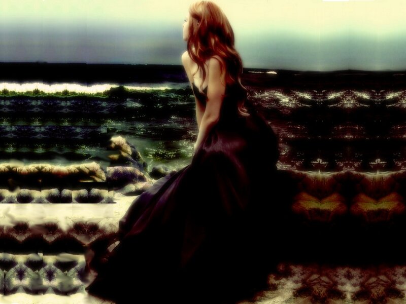 Woman in Black Dress — Dramatic, Night, Digital Art, Ocean, Rocks