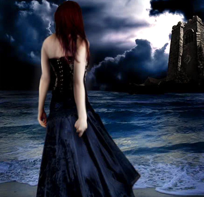 Woman in Black Dress — Dramatic, Night, Digital Art, Ocean