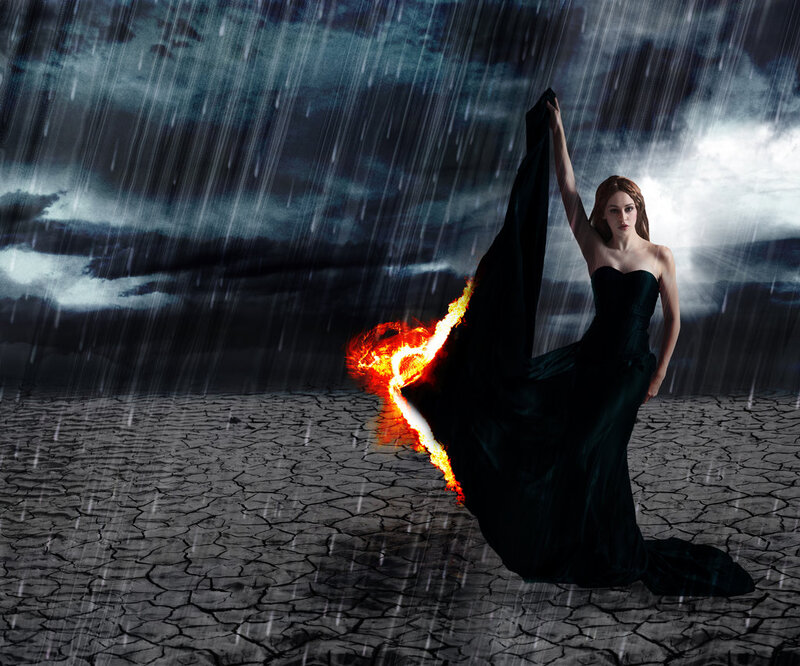Woman in Black Dress — Dramatic, Night, Digital Art, Rain, Fire