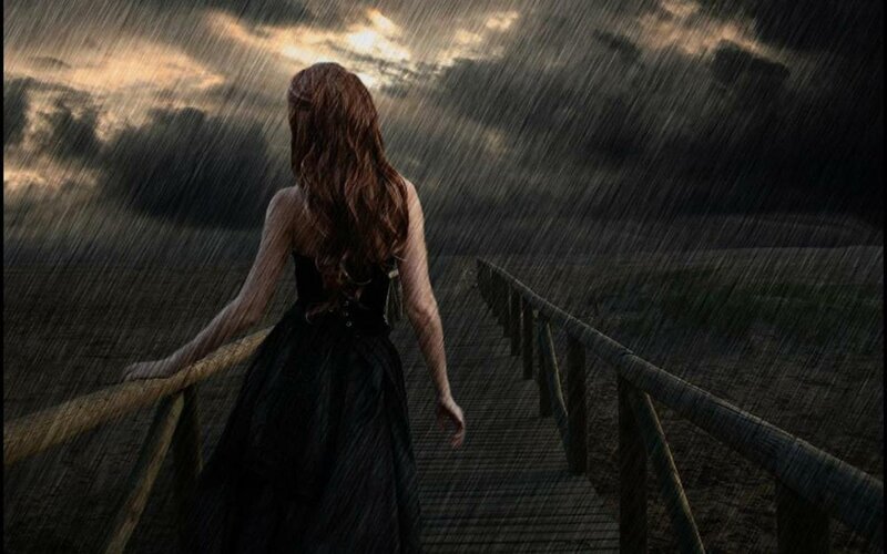Woman in Black Dress — Dramatic, Night, Digital Art, Rain