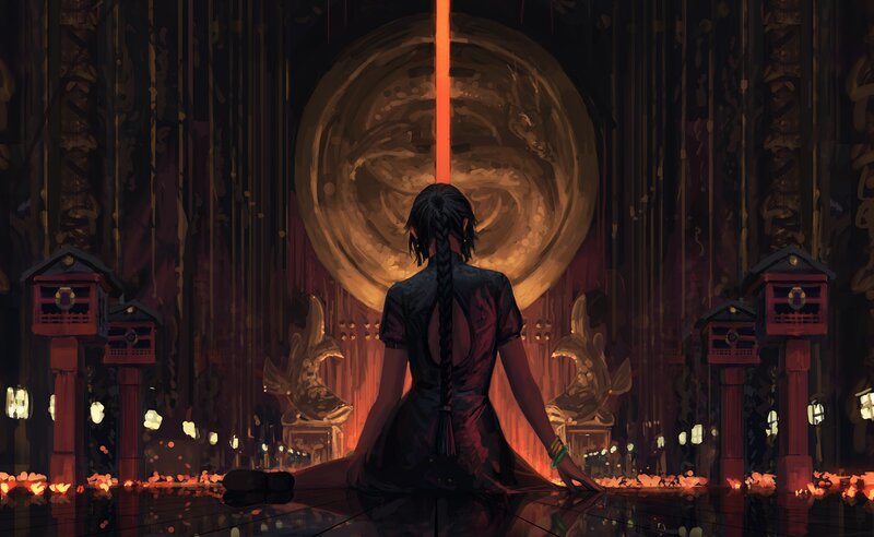 Woman in Black Dress — Dramatic, Night, Digital Art, Red Lanterns