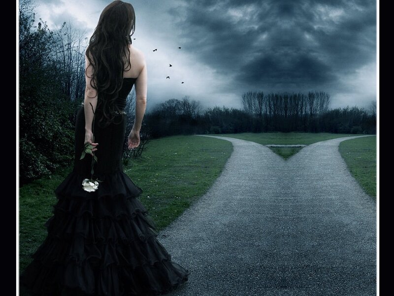 Woman in Black Dress — Dramatic, Night, Digital Art, Road