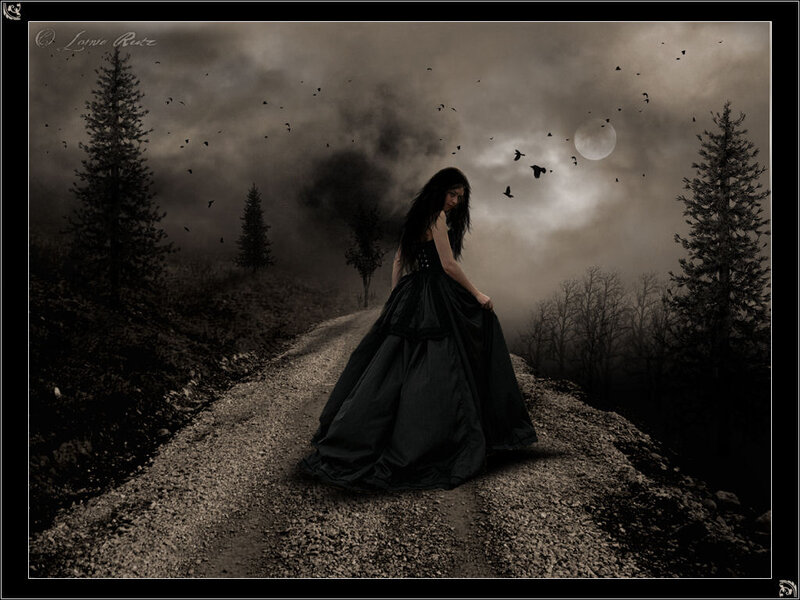 Woman in Black Dress — Dramatic, Night, Digital Art, Road, Trees