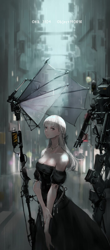 Woman in Black Dress — Dramatic, Night, Digital Art, Robotic Arms