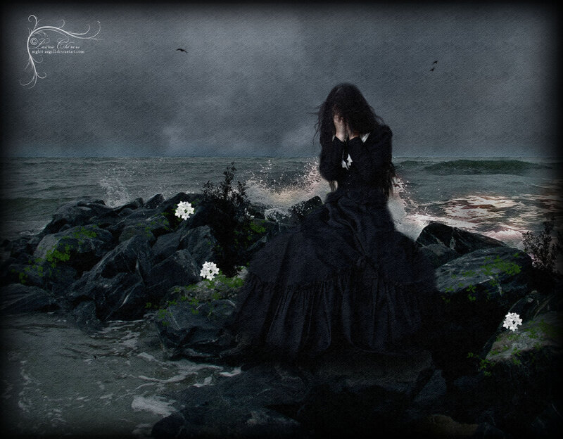 Woman in Black Dress — Dramatic, Night, Digital Art, Rocks, Ocean