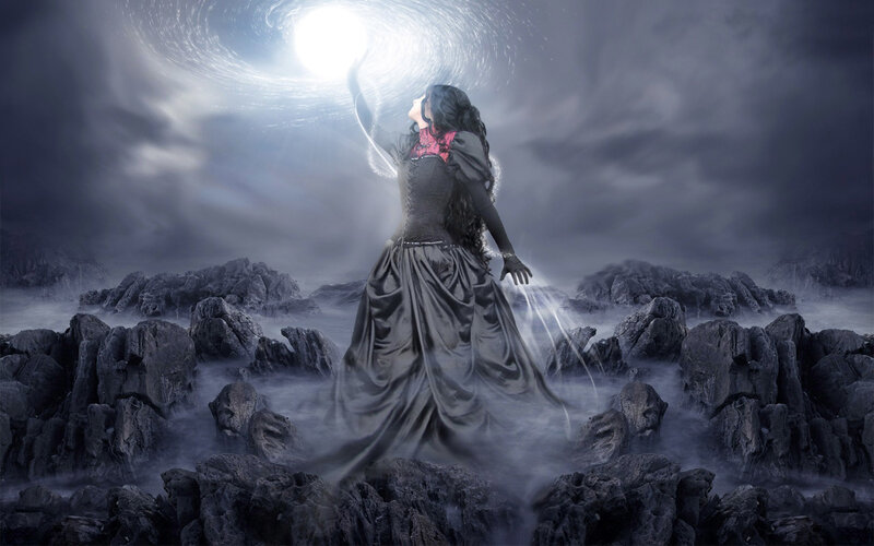 Woman in Black Dress — Dramatic, Night, Digital Art, Rocks, Sky, Light, Gray