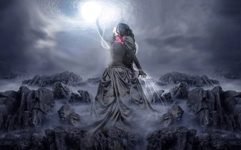 Woman in Black Dress — Dramatic, Night, Digital Art, Rocks, Sky