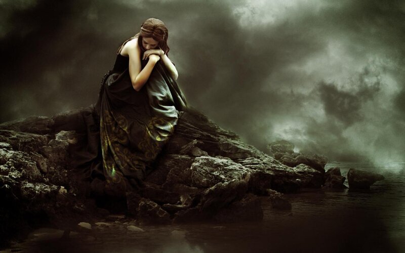 Woman in Black Dress — Dramatic, Night, Digital Art, Rocks