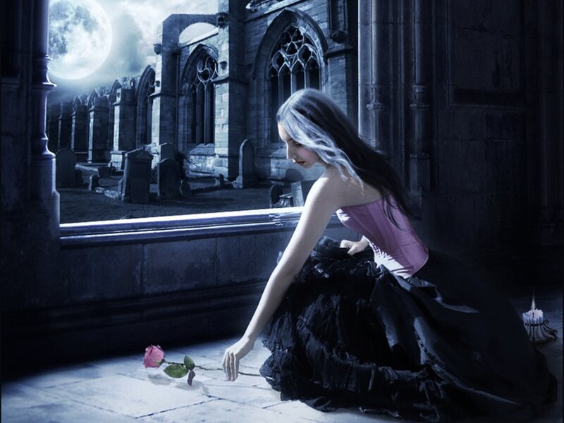 Woman in Black Dress — Dramatic, Night, Digital Art, Rose, Moon