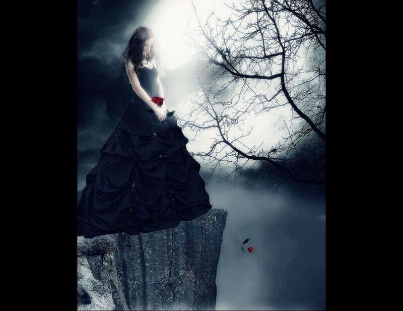 Woman in Black Dress — Dramatic, Night, Digital Art, Rose