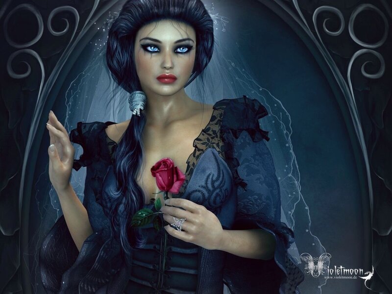 Woman in Black Dress — Dramatic, Night, Digital Art, Rose, Veil