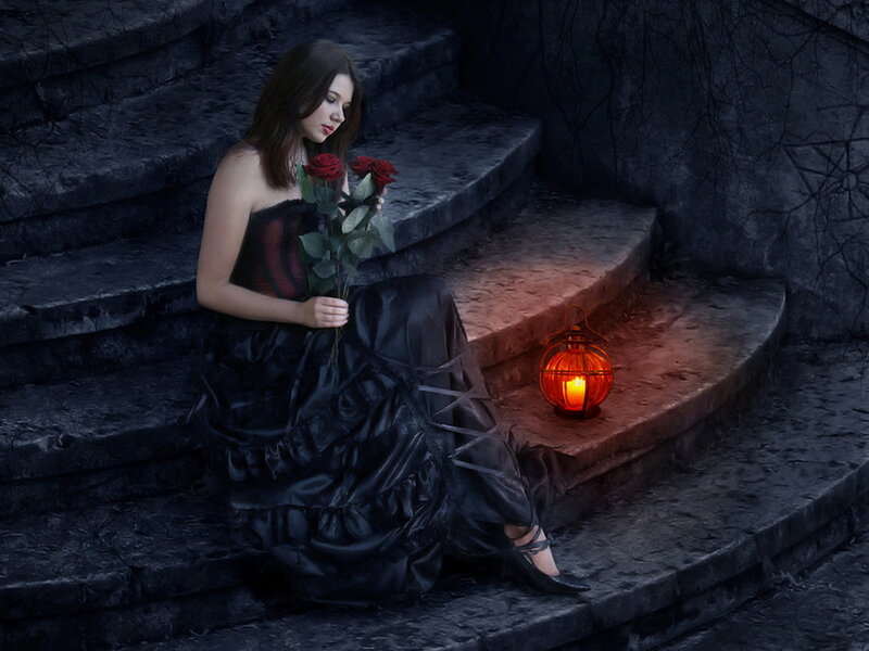 Woman in Black Dress — Dramatic, Night, Digital Art, Roses