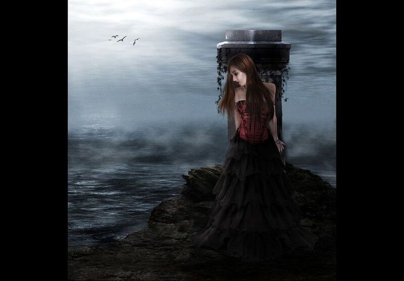Woman in Black Dress — Dramatic, Night, Digital Art, Sea
