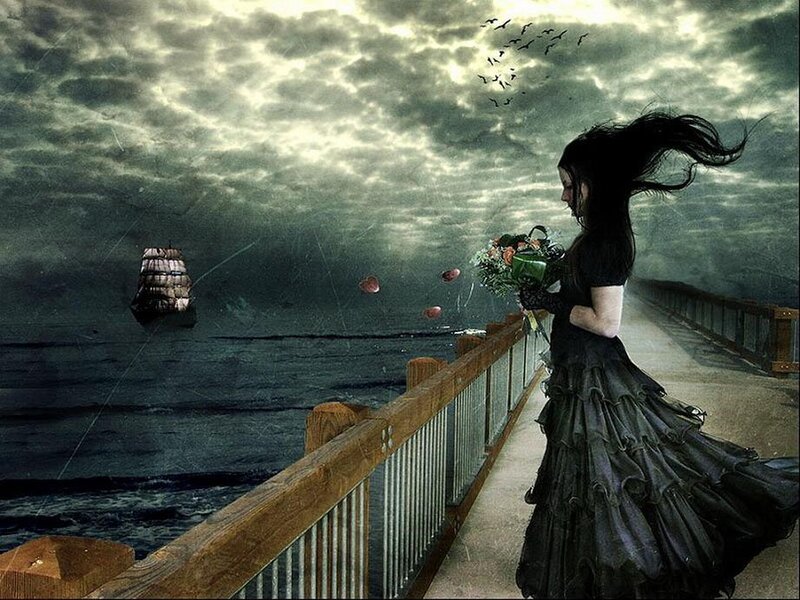 Woman in Black Dress — Dramatic, Night, Digital Art, Ship, Flowers