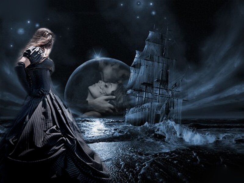 Woman in Black Dress — Dramatic, Night, Digital Art, Ship, Sea