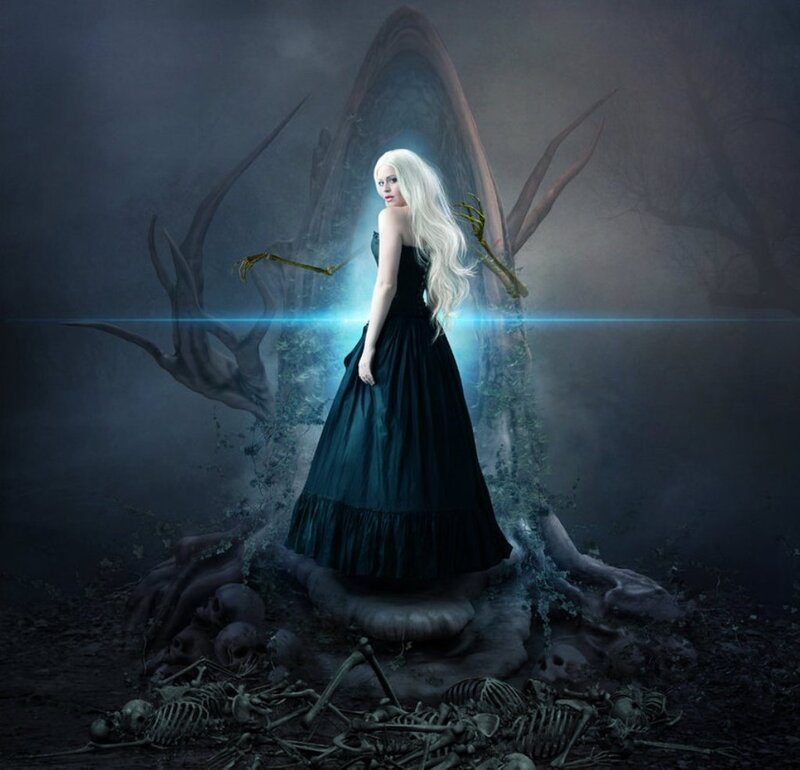 Woman in Black Dress — Dramatic, Night, Digital Art, Skeletons