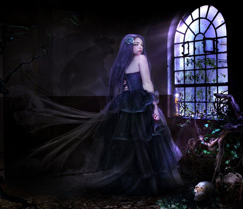 Woman in Black Dress — Dramatic, Night, Digital Art, Skull, Window