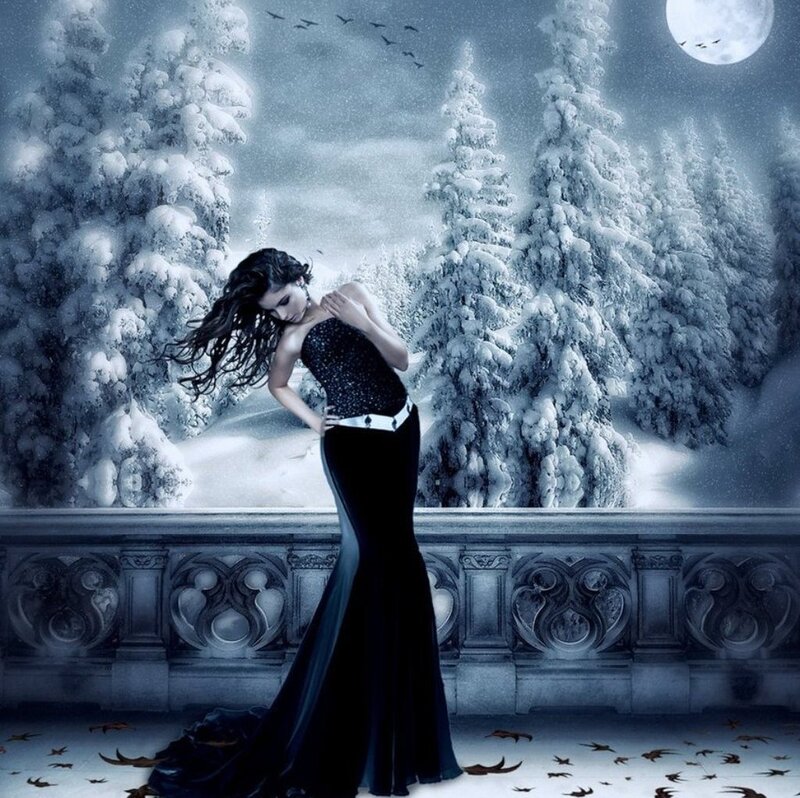 Woman in Black Dress — Dramatic, Night, Digital Art, Snowy Trees