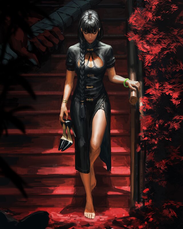 Woman in Black Dress — Dramatic, Night, Digital Art, Stairs
