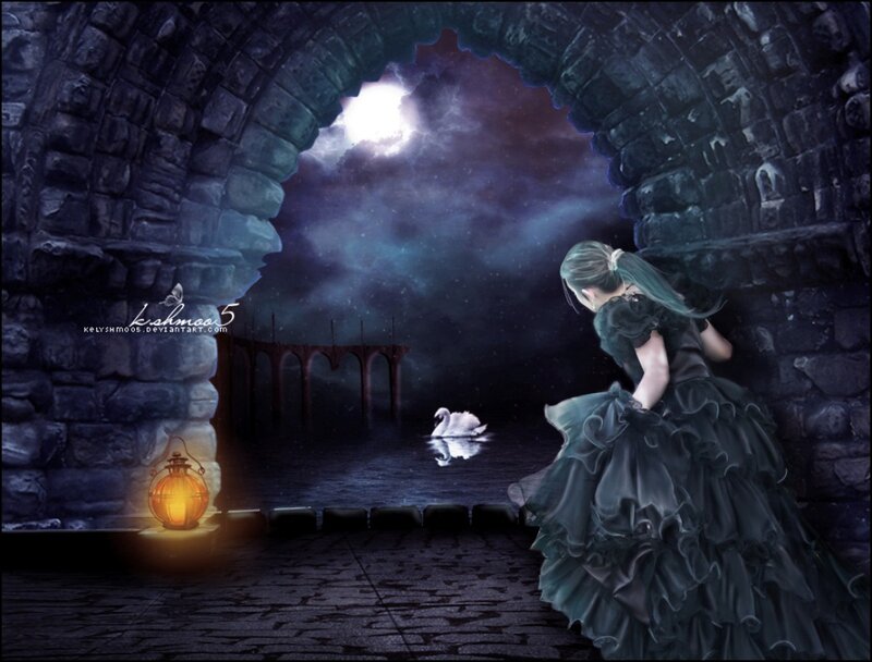 Woman in Black Dress — Dramatic, Night, Digital Art, Stone Arch