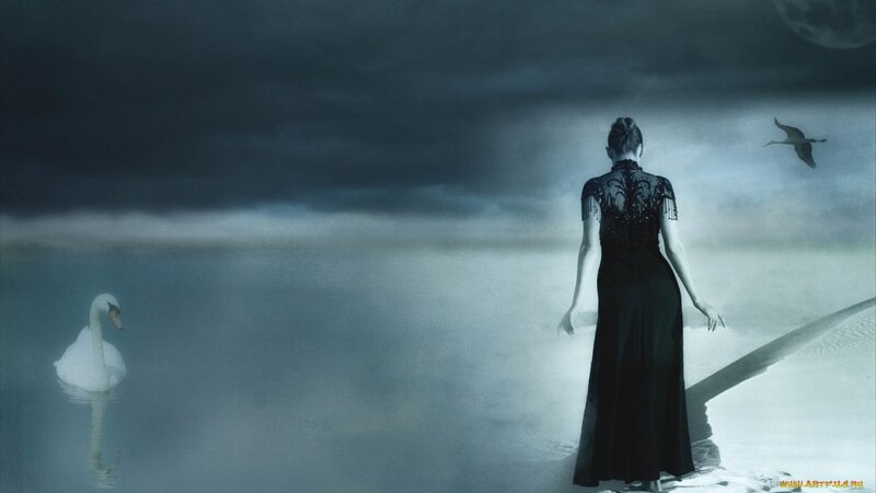 Woman in Black Dress — Dramatic, Night, Digital Art, Swan