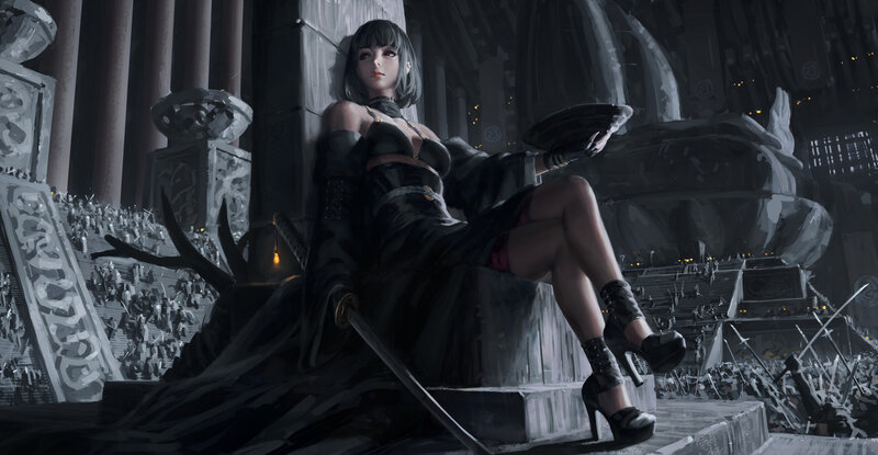 Woman in Black Dress — Dramatic, Night, Digital Art, Sword, Castle