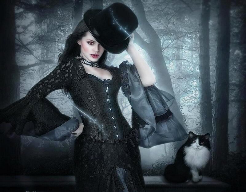 Woman in Black Dress — Dramatic, Night, Digital Art, Top Hat, Cat
