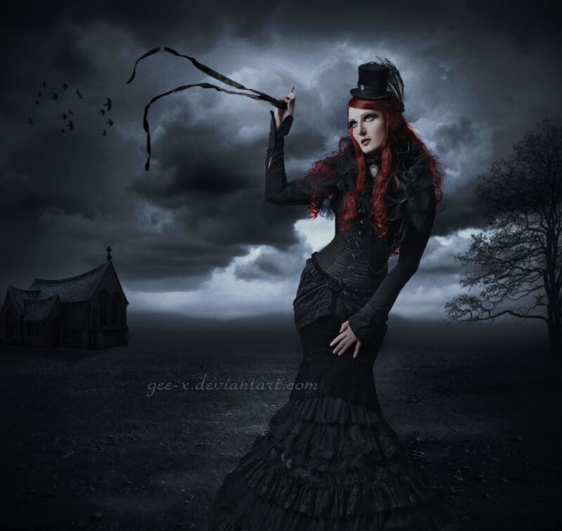 Woman in Black Dress — Dramatic, Night, Digital Art, Top Hat, Church