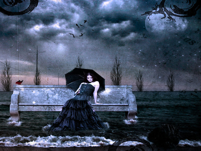 Woman in Black Dress — Dramatic, Night, Digital Art, Umbrella, Bench