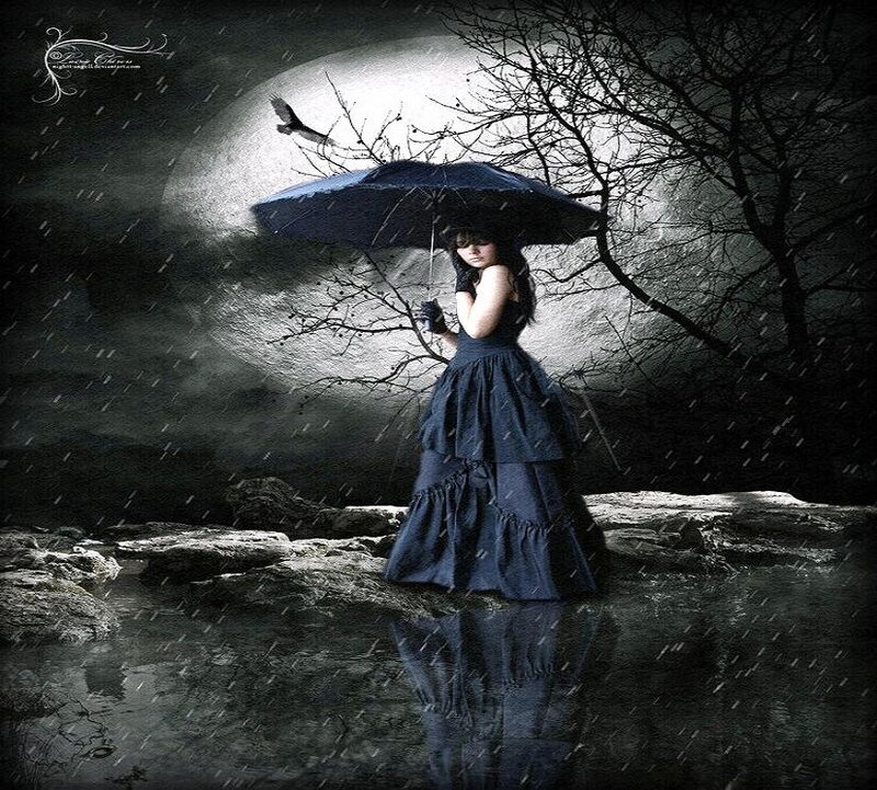 Woman in Black Dress — Dramatic, Night, Digital Art, Umbrella, Moon, Tree