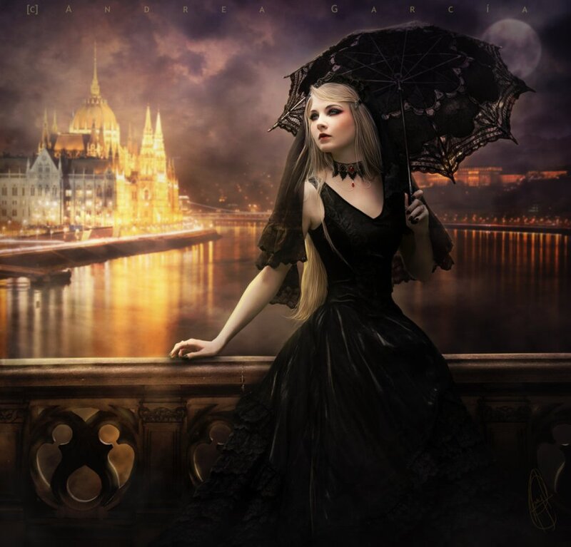 Woman in Black Dress — Dramatic, Night, Digital Art, Umbrella, River
