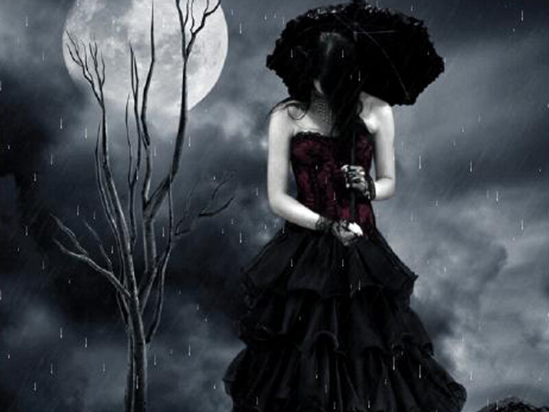 Woman in Black Dress — Dramatic, Night, Digital Art, Umbrella