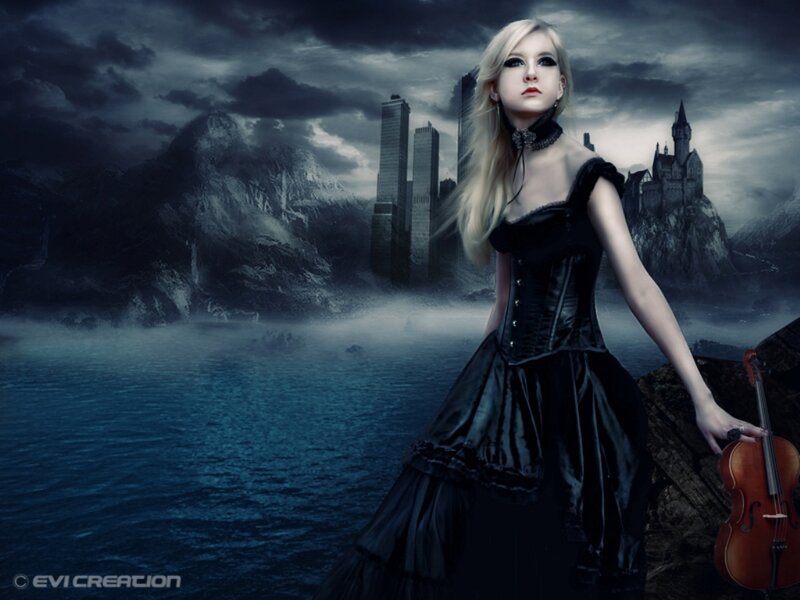 Woman in Black Dress — Dramatic, Night, Digital Art, Violin, Castle
