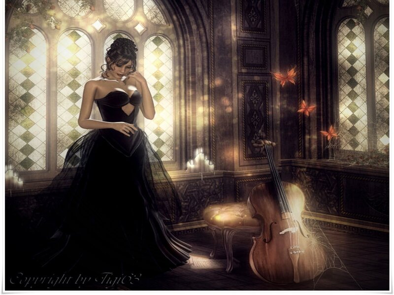 Woman in Black Dress — Dramatic, Night, Digital Art, Violin