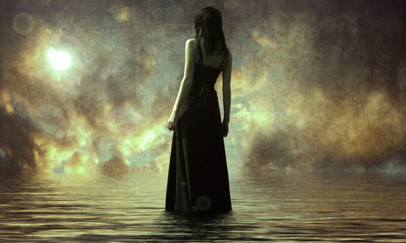 Woman in Black Dress — Dramatic, Night, Digital Art, Water