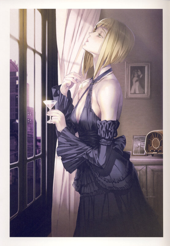 Woman in Black Dress — Dramatic, Night, Digital Art, Window, Glass of Wine