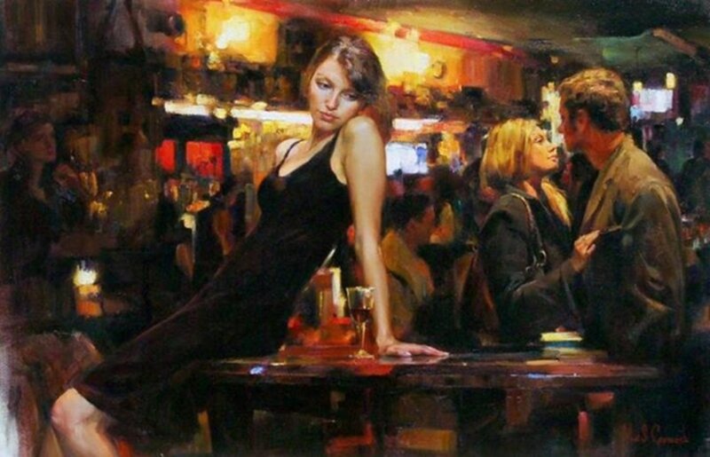 Woman in Black Dress — Dramatic, Night, Painting, Bar